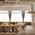 Modern Restaurant Interior With Wooden Walls Pendant Lights Dining Tables And Chairs