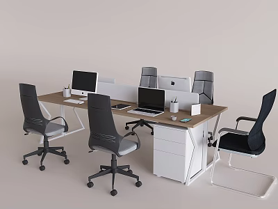 Modern Open Office Desk Setup With Ergonomic Chairs Computers And Drawer Cabinet 3d model
