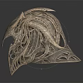 Intricate Decorative Weapon Helmet With Metallic Carvings And Blue Gemstone Accents