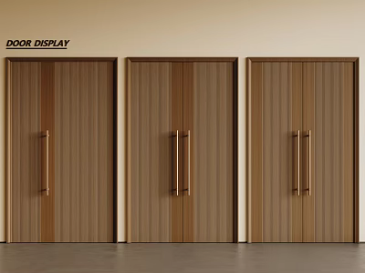 Wooden Double Doors Display With Vertical Panel Design And Metal Handles 3d model