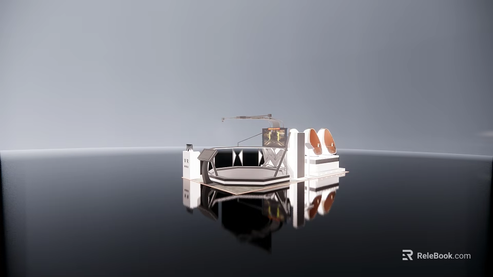 White Model Boat With Two Circular Structures And Canopy On Black Surface With Reflection 3d model