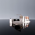 White Model Boat With Two Circular Structures And Canopy On Black Surface With Reflection 3d model
