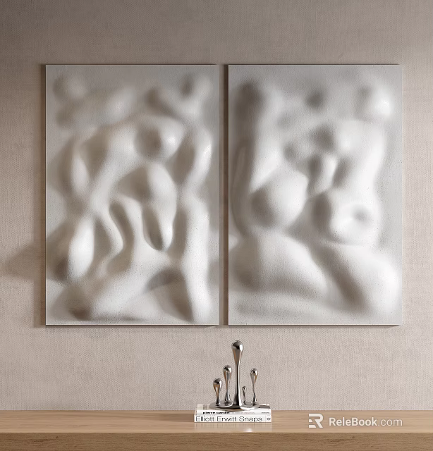 White Irregular Textured Two Panel Wall Decor Mounted On Beige Wall 3d model 