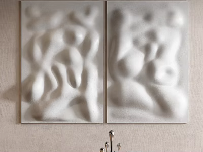 White Irregular Textured Two Panel Wall Decor Mounted On Beige Wall 3d model