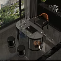 Tea Table with Marble Top Orange Backrest Chair Grey Stools Tea Set Window Natural View 3d model