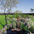 Park Landscape With Green Lawn Water Feature Stone Pathway Small Bridge And Plants