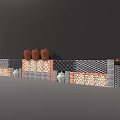 Traditional Background Wall With Gray Bricks Beige Pebbles Red Bricks And Various Clay Pots 3d model