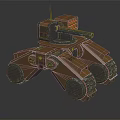 Multi Legged Brown Mechanical Robot Featuring Cannon Turret And Tracked Wheel Design 3d model