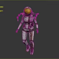 Biological Astronaut Character Walking In White Red Spacesuit With Yellow Helmet On Gray Background