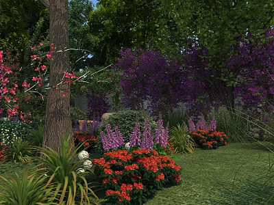 Vibrant Garden With Colorful Flowers Green Plants Purple Blooms And Lush Grass 3d model