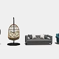 Stylish Rattan And Metal Hanging Chairs With Soft Cushions And Modern Sofa In Living Area