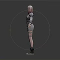 3D Female Character Model With Futuristic Outfit Standing On Gray Background