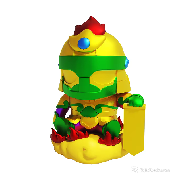 Cartoon Character In Yellow Armor With Green Helmet Holding Yellow Plaque And Red Flame Base 3d model 