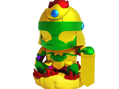 Cartoon Character In Yellow Armor With Green Helmet Holding Yellow Plaque And Red Flame Base 3d model