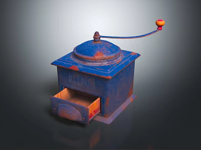 Vintage Manual Blue Red Kitchen Grinder With Open Drawer And Rotary Handle 3d model
