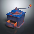 Vintage Manual Blue Red Kitchen Grinder With Open Drawer And Rotary Handle