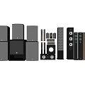 Black and Brown Speakers with Various Types Shapes Sizes Including Floorstanding Bookshelf Subwoofer Neatly Arranged