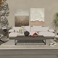 Modern Living Room Beige Sofa And Coffee Table Set With Wall Art And Potted Plants