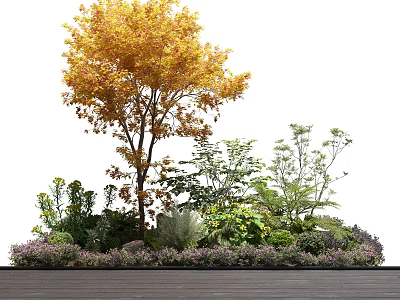 Yellow Leaf Arbor Surrounded by Green Plants and Purple Low Shrubs on Wooden Ground 3d model