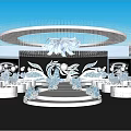 Banquet Hall Interior With Circular Crystal Chandelier Stage And Blue Floral Decorations White Tables