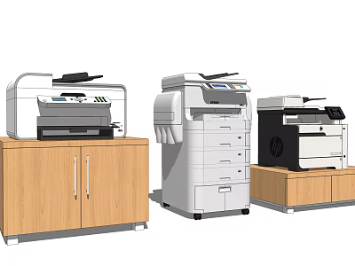 Modern Office Setting With Various Office Appliances Like Printers On Wooden Cabinets 3d model