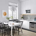 Modern White Kitchen Interior With White Cabinets Dining Table And Pendant Light 3d model
