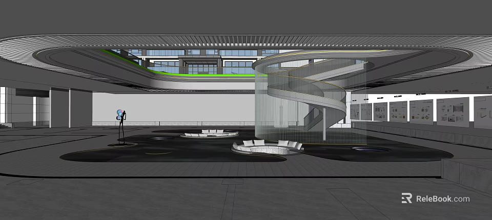 Modern Sales Office Interior Design With Spiral Staircase And Open Space Layout 3d model