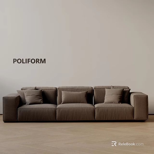 POLIFORM Brown Upholstered Three Seater Sofa With Cushions Light Colored Wall And Wooden Floor 3d model 