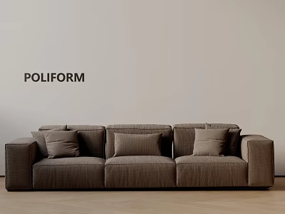 POLIFORM Brown Upholstered Three Seater Sofa With Cushions Light Colored Wall And Wooden Floor 3d model