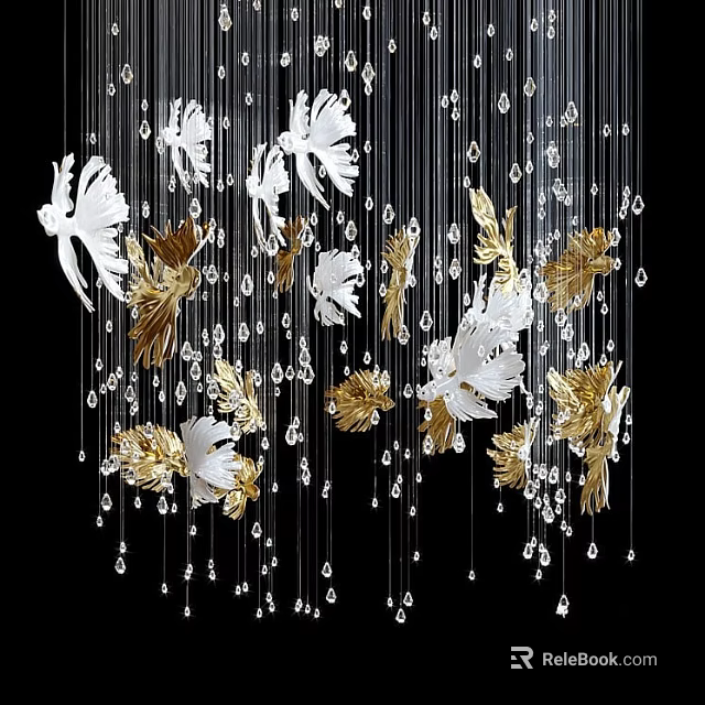 Elegant White and Gold Leaf Design Chandelier with Hanging Crystal Pendants and Decorative Elements 3d model 