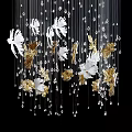 Elegant White and Gold Leaf Design Chandelier with Hanging Crystal Pendants and Decorative Elements