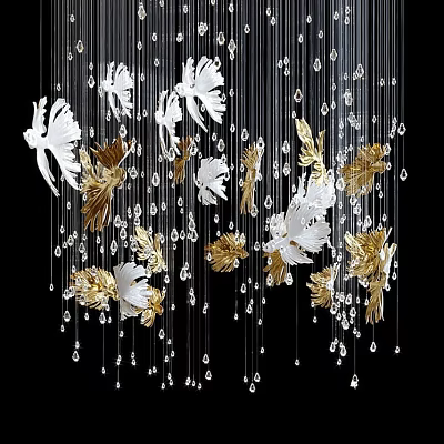 Elegant White and Gold Leaf Design Chandelier with Hanging Crystal Pendants and Decorative Elements 3d model