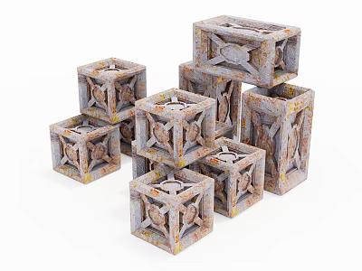 Cube Shaped Carved Shoes Stacked And Scattered With Unique Patterns Design 3d model