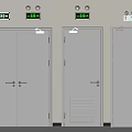 Row of White Emergency Exit Doors With Green Indicator Lights And Control Panels