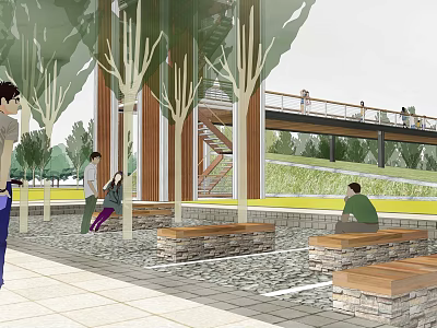 Scenic Park Landscape Featuring Trees Wooden Benches People Resting And Stone Walkway 3d model