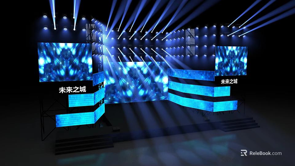 Futuristic Stage Design With Blue Lighting LED Screens And Steps 3d model 