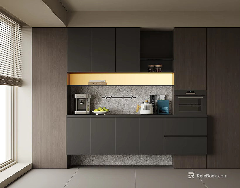 Modern Sideboard With Dark Gray Wooden Cabinets Golden Trim Kitchen Appliances And Fruits 3d model 