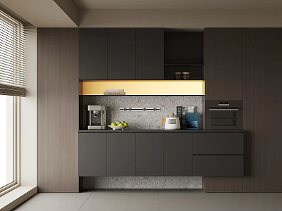 Modern Sideboard With Dark Gray Wooden Cabinets Golden Trim Kitchen Appliances And Fruits 3d model