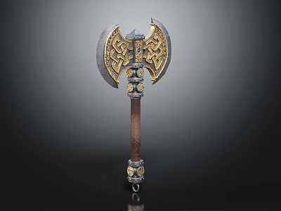 Ornate Decorative Axe With Intricate Gold Blue Patterns And Brown Handle 3d model
