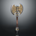 Ornate Decorative Axe With Intricate Gold Blue Patterns And Brown Handle