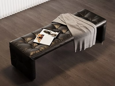 Black Leather Tufted Bench With Magazine And Plaid Blanket On Wooden Floor 3d model