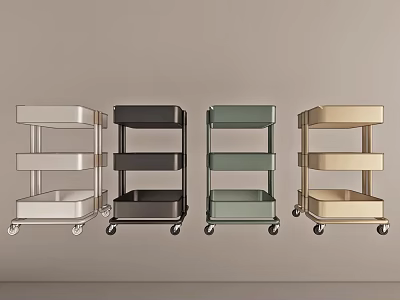 Four Multi Tier Mobile Storage Carts With Wheels In Different Colors 3d model