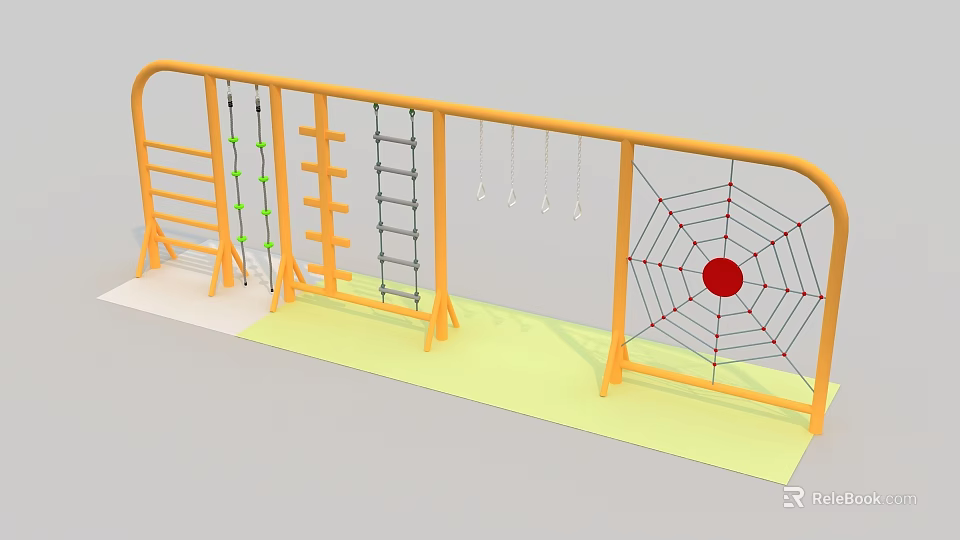 Children's Play Area With Yellow Climbing Frame Ladders Swings Spider Web Net And Red Dot 3d model 