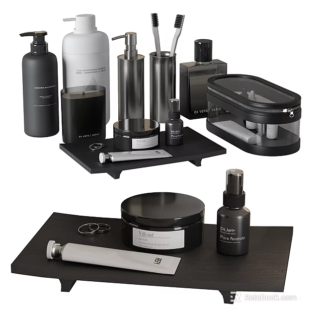 Modern Black Bathroom Accessories Collection With Containers Sprays And Jars 3d model 