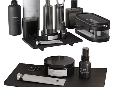 Modern Black Bathroom Accessories Collection With Containers Sprays And Jars 3d model