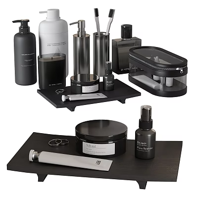 Modern Black Bathroom Accessories Collection With Containers Sprays And Jars 3d model