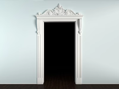 White Carved Classical Door Arch with Decorative Top against Light Blue Wall and Wooden Floor 3d model