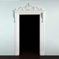 White Carved Classical Door Arch with Decorative Top against Light Blue Wall and Wooden Floor