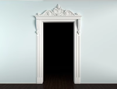 White Carved Classical Door Arch with Decorative Top against Light Blue Wall and Wooden Floor 3d model