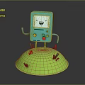 Cartoon Electronic Device Featuring Blue Body White Face Smiling Expression Arms Legs On Green Grass